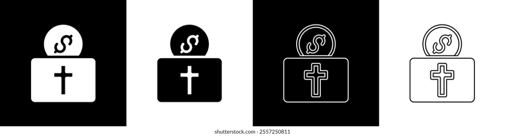 Set Donation for church icon isolated on black and white background.  Vector