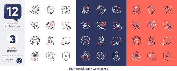 Set of Donation, Dont touch and Stay home line icons. Include Social care, Nurse, Coronavirus vaccine icons. Skin care, Cough, Skin condition web elements. Vaccination schedule, 24 hours. Vector