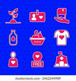 Set Donation food box, Location with heart, Emergency medical tent, Clothes donation, Volunteer, Bottle of water, Book and team planting trees icon. Vector