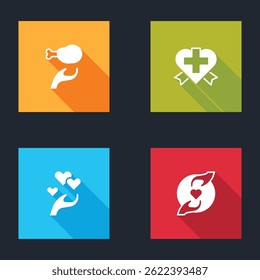 Set Donation food, Heart with cross, in hand and Pleasant relationship icon. Vector