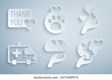 Set Donation food, Heart in hand, Ambulance car, Hand holding Earth globe, with animals footprint and Thank you heart icon. Vector