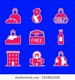 Set Donation food, Homeless cardboard house, Bottle of water, Multi storey building, Growth homeless, Help and Feeding the icon. Vector