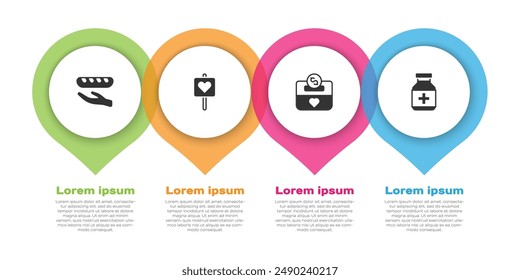 Set Donation food, Location with heart, and charity and Medicine bottle pills. Business infographic template. Vector