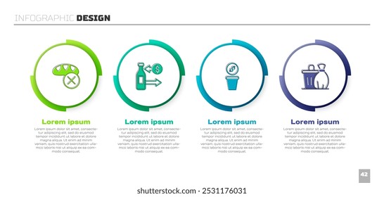 Set Donation food, Reception of glass bottles, money and Trash can. Business infographic template. Vector