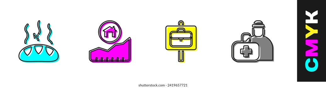 Set Donation food, Rising cost of housing, Work search and First aid kit icon. Vector