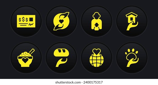 Set Donation food, Shelter for homeless, Hand holding Earth globe, Taking care of children, Pleasant relationship, Animal volunteer and Bank check icon. Vector