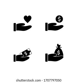 Set von Spende-Symbol-Design. Die Menschen, die sich um Design kümmern. Gesture Hand mit dem Symbol für Geldspenden. Schwarzes Symbol für die Vektorillustration der Glyphe.