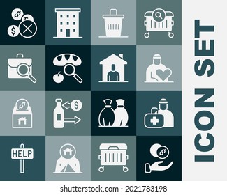 Set Donation Hand With Money, First Aid Kit, Volunteer, Trash Can, Searching For Food, Work Search, No And Shelter Homeless Icon. Vector