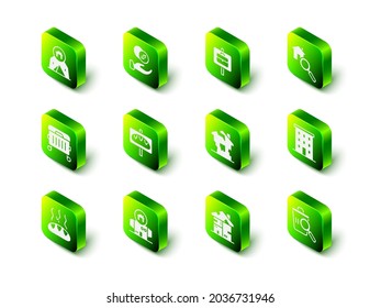 Set Donation hand with money, Work search, Search house, Multi storey building, Searching for food, Ruined, Homeless cardboard and  icon. Vector