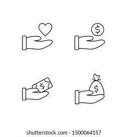 Set of donation line icon design vector. Caring people illustration design. Gesture hand with money donation sign vector. Black outline vector icons, isolated against the white background.