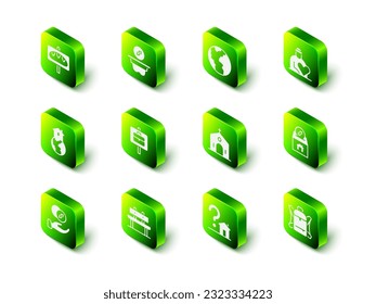 Set Donation money, Global economic crisis, Volunteer, and charity, Hiking backpack, Church building, House with question mark and Bench icon. Vector