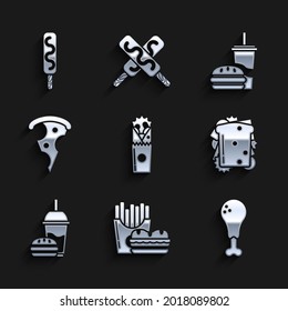 Set Doner kebab, Burger and french fries in carton package box, Chicken leg, Sandwich, Paper glass with drinking straw burger, Slice of pizza,  and Ice cream icon. Vector