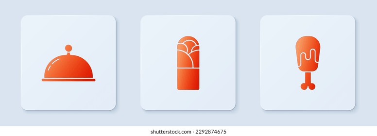 Set Doner kebab, Covered with tray and Chicken leg. White square button. Vector