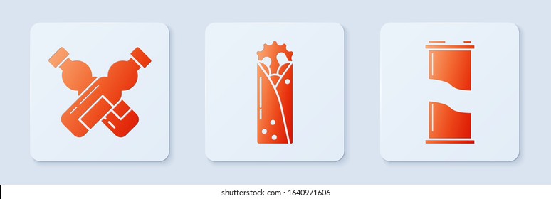 Set Doner kebab, Crossed bottle of water and Soda can. White square button. Vector