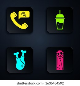 Set Doner kebab, Food ordering pizza, Chicken leg and Glass of lemonade with drinking straw. Black square button. Vector