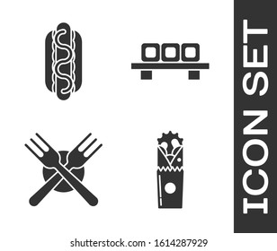 Set Doner kebab, Hotdog sandwich with mustard, Crossed fork and Sushi on cutting board icon. Vector