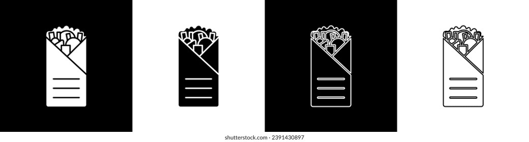 Set Doner kebab icon isolated on black and white background. Shawarma sign. Street fast food menu.  Vector Illustration