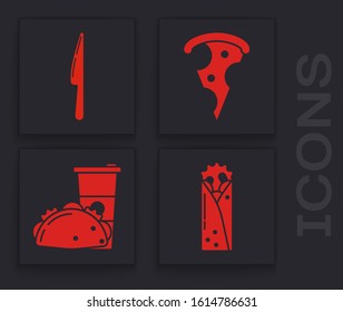 Set Doner kebab, Knife, Slice of pizza and Paper glass and taco with tortilla icon. Vector
