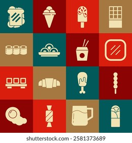 Set Doner kebab, Lollipop, Steak meat, Ice cream, Asian noodles in bowl, Sushi, Sandwich and chopsticks icon. Vector