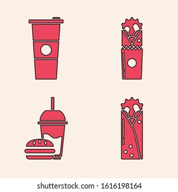 Set Doner kebab, Paper glass and water, Doner kebab and Paper glass with drinking straw and burger icon. Vector