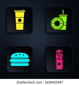 Set Doner kebab, Paper glass and water, Burger and Paper glass with drinking straw and donut. Black square button. Vector