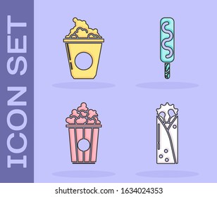 Set Doner kebab, Popcorn in cardboard box, Popcorn in cardboard box and Ice cream icon. Vector