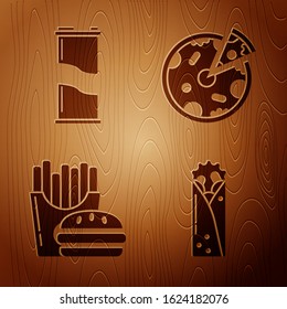 Set Doner kebab, Soda can, Burger and french fries in carton package box and Pizza on wooden background. Vector
