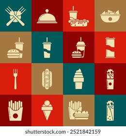 Set Doner kebab, Soda can, Paper glass with drinking straw and hotdog, water, burger, Crossed fork and  icon. Vector