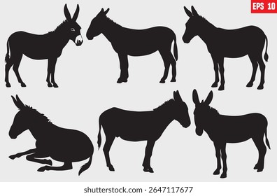 Set of donkey silhouettes. Vector illustration hand drawn silhouette of donkey