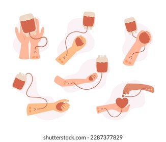 Set of Donor Hands Ready To Donate Blood Isolated on White Background. The Image Can Be Used To Encourage Blood Donation And Raise Awareness About Its Importance. Cartoon Vector Illustration