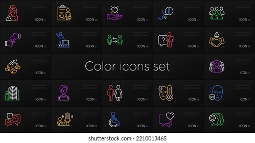 Set Of Dont Handshake, Group And Teamwork Business Line Icons. Include Agent, Businesswoman Person, Fever Icons. Teamwork Chart, Disability, Restroom Web Elements. Search Employee. Vector