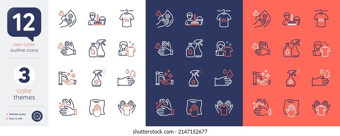 Set of Dont touch, Hold t-shirt and Washing cloth line icons. Include Dry t-shirt, Wash hands, Cleaning liquids icons. Rubber gloves, Clean shirt, Dirty mask web elements. Bicolor outline icon. Vector