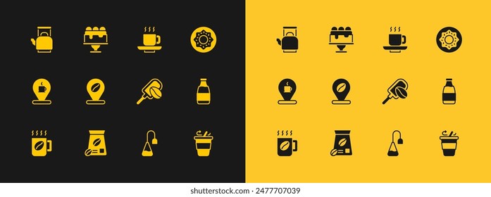 Set Donut, Bag of coffee beans, Spatula with grain, Tea bag, Location, Coffee cup, Kettle handle and Cake icon. Vector