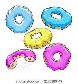 Set of Donut with blue and pink glaze. Collection of Sweet sugar dessert with icing. Outline cartoon illustration isolated on white background