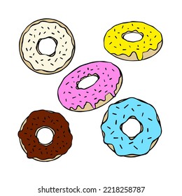 Conjunto de Donut con acristalamiento azul y rosa. Colección de postre de azúcar dulce con hielo. Dibujo de dibujo animado aislado en fondo blanco
