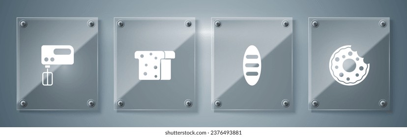 Set Donut, Bread loaf, toast and Electric mixer. Square glass panels. Vector