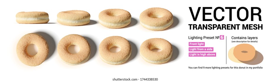 Set of donut buns captured from different camera angles and different lighting.