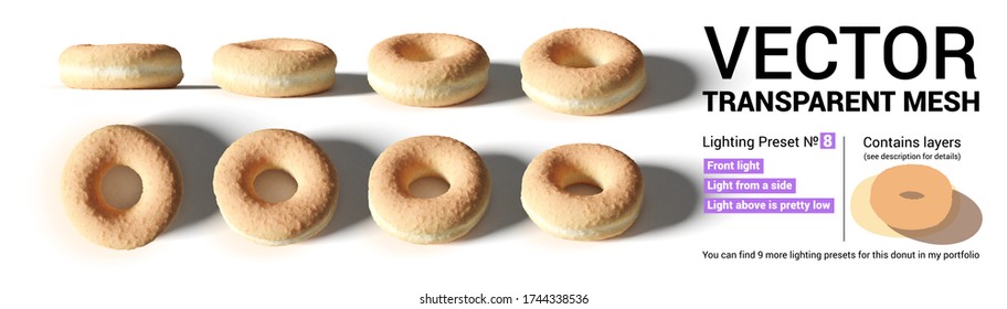 Set aus Donut-Brötchen aus verschiedenen Kamerawinkeln und unterschiedlicher Beleuchtung.