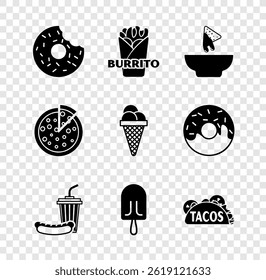 Set Donut, Burrito, Nachos in plate, Soda and hotdog, Ice cream, Taco with tortilla, Pizza and waffle cone icon. Vector