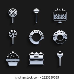 Set Donut, Cake, Lollipop, Cupcake, plate and  icon. Vector