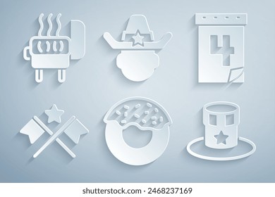 Set Donut, Calendar with date July 4, American flag, Patriotic top hat, Sheriff cowboy and Barbecue grill icon. Vector