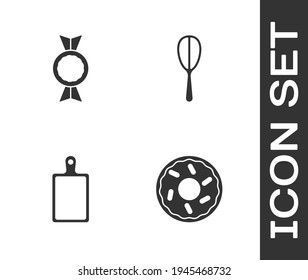 Set Donut, Candy, Cutting board and Kitchen whisk icon. Vector