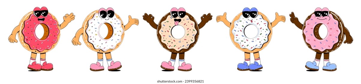 Set of donut characters in retro cartoon style. Fast food sweets mascot vector illustration.