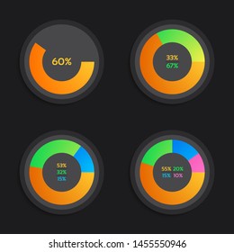 Set of donut chart infographics elements with 1,2,3,4 steps, process, parts, or options. dark view. vector illustration template design for business. 