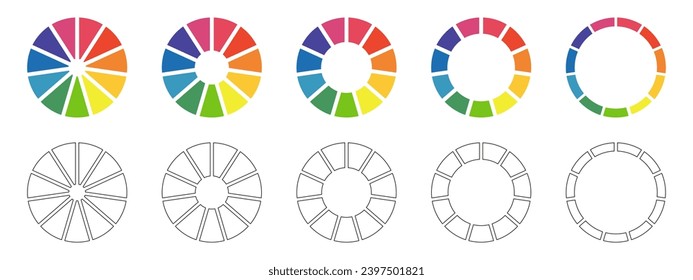 Set of donut charts, pies segmented on 11 equal parts. Diagrams infographic multicolored collection. Wheels divided in eleven sections. Circle section graph. Pie chart round icon. Loading bar. Vector.