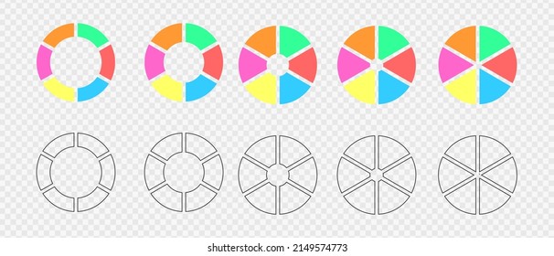 Conjunto de gráficos de donut segmentados en 6 partes iguales. Ruedas infográficas divididas en seis secciones coloreadas y gráficas. Diagramas de círculo o barras de carga. Ilustración plana y de contorno del vector.