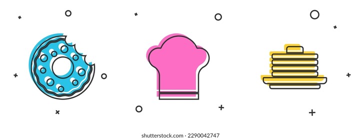 Set Donut, Chef hat and Stack of pancakes icon. Vector