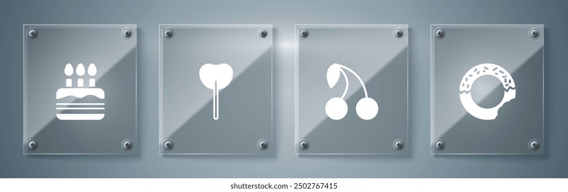 Set Donut, Cherry, Lollipop and Cake with burning candles. Square glass panels. Vector