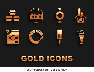 Set Donut, Chocolate bar, Milkshake, Ice cream, Candy packaging for sweets, Macaron cookie and Cake plate icon. Vector