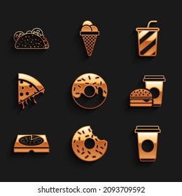 Set Donut, Coffee cup, and burger, Pizza in cardboard box, Slice pizza, Glass with water and Taco tortilla icon. Vector